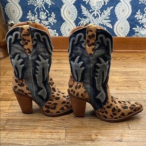 Women’s Dingo Leopard Print and Denim Cowboy Boots